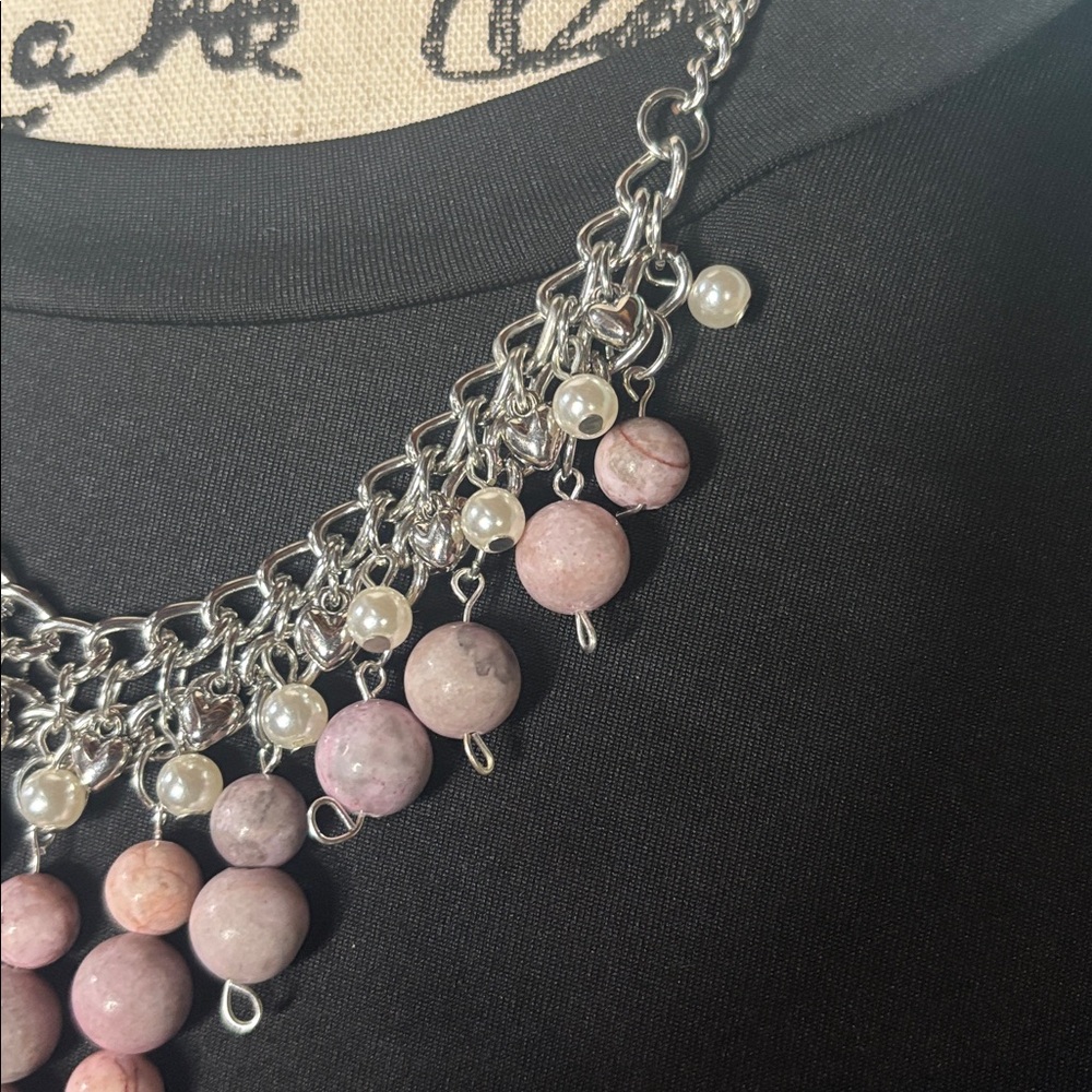 OOAK Genuine Pink Jasper Statement Necklace | Layered Bib Necklace Adjustable - Picture 4 of 10